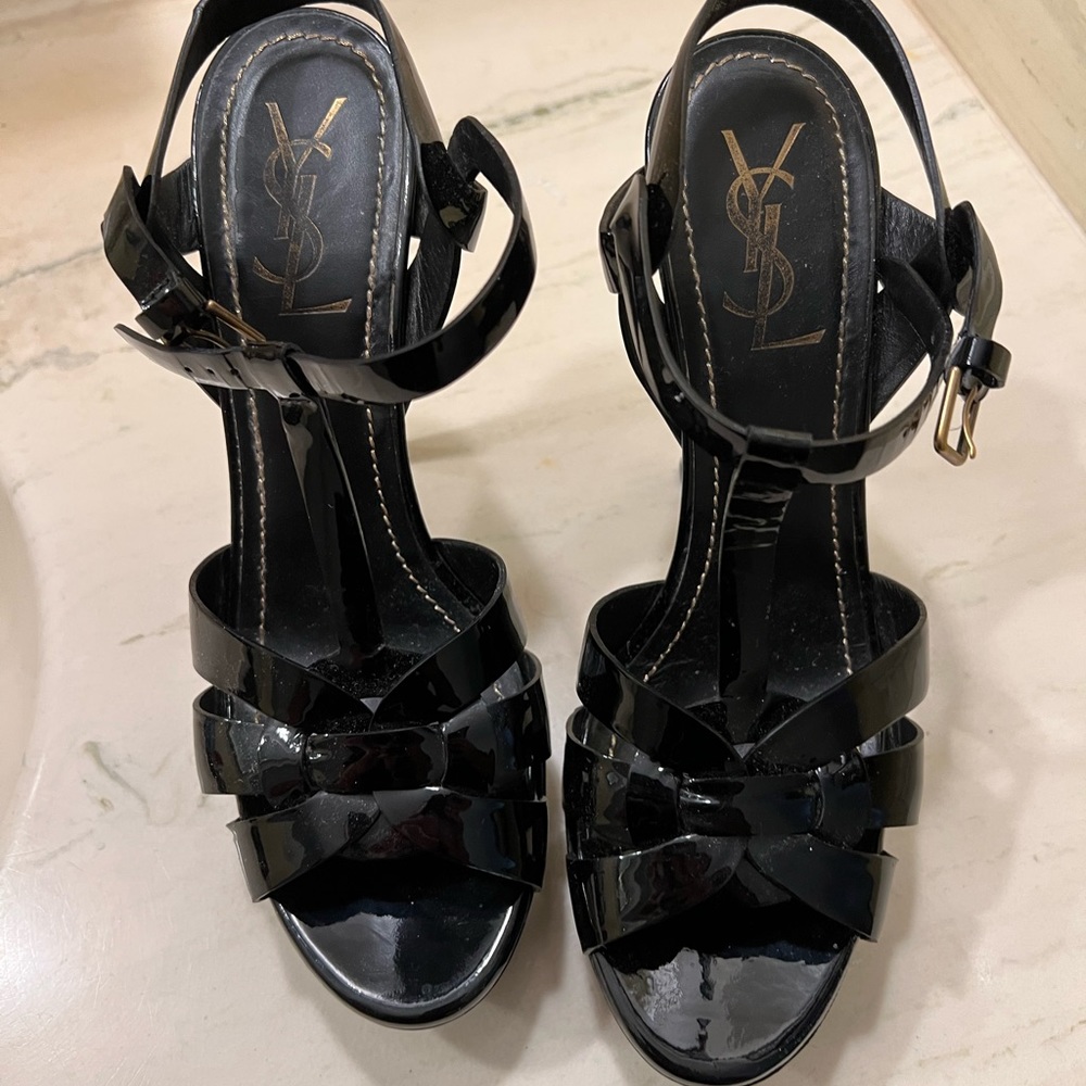 Ysl patent black tribute heels
